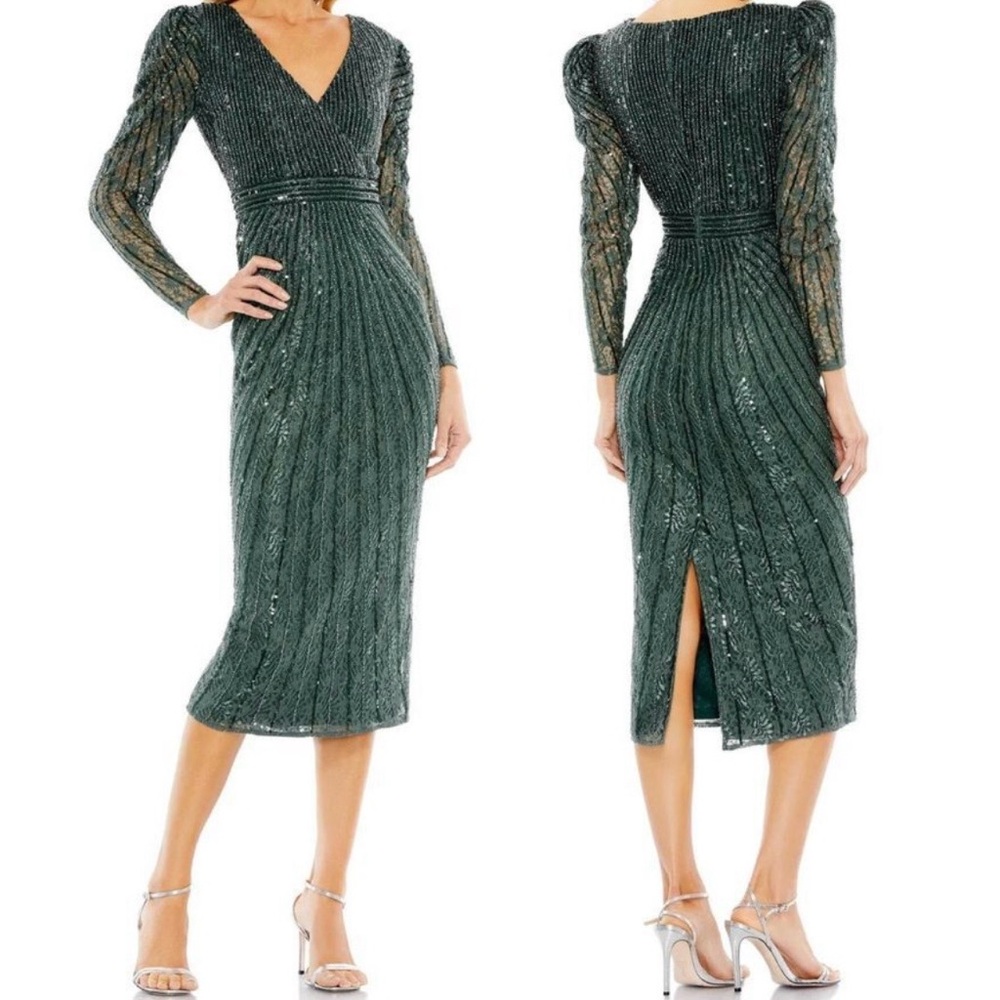 Mac Duggal Emerald Green Sequin Long Sleeve Midi Dress